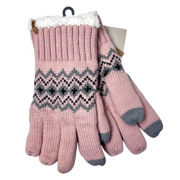Timberland Women's Knit Fleece Lined Touchscreen Gloves Fair Isle Pink Gray - Picture 1 of 4